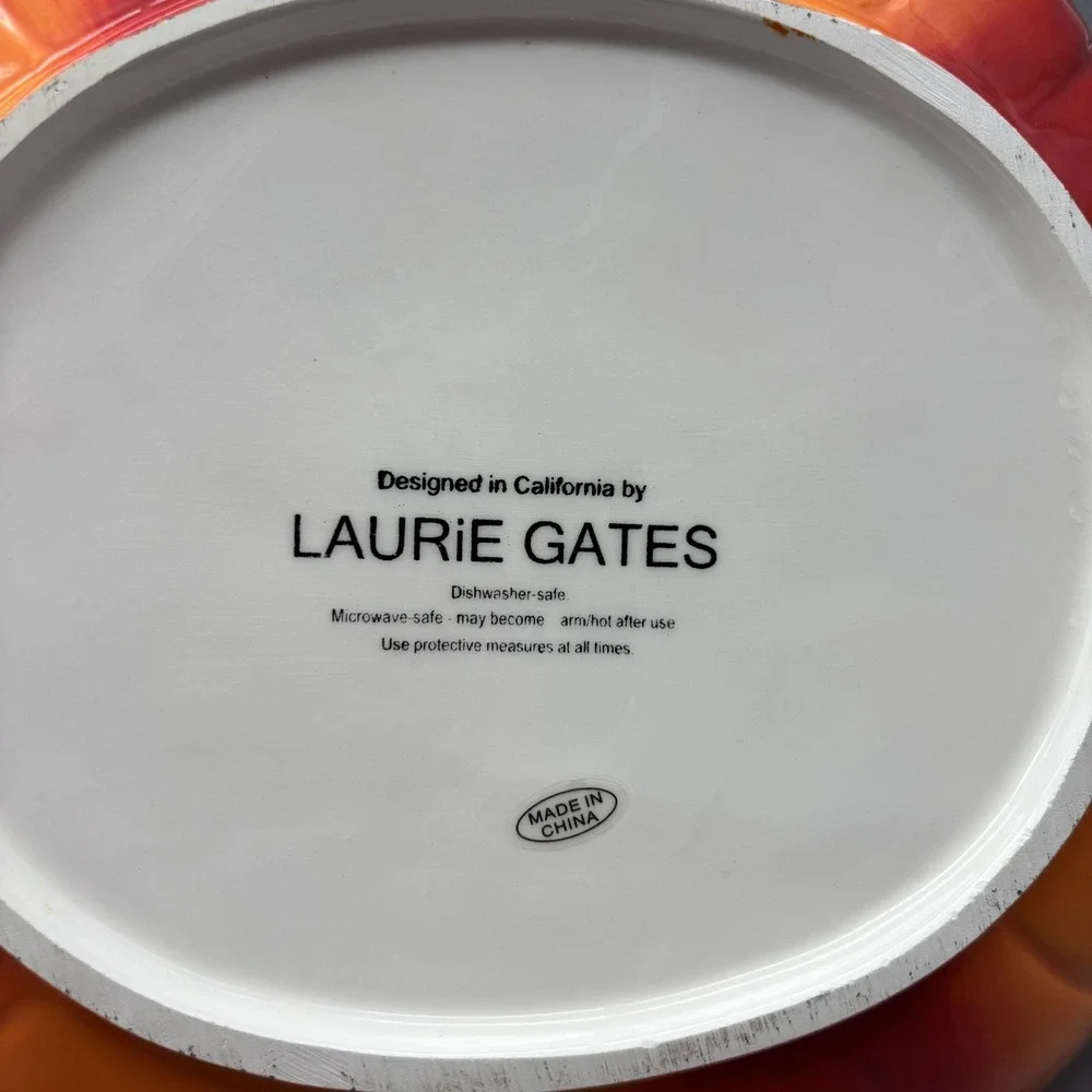 Laurie Gates Hand Painted Orange Flower Serving Plate Bowl Dish Dishwasher Safe